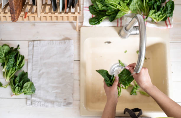 istock Woman Washing spinach in the Kitchen Sink 1389899560