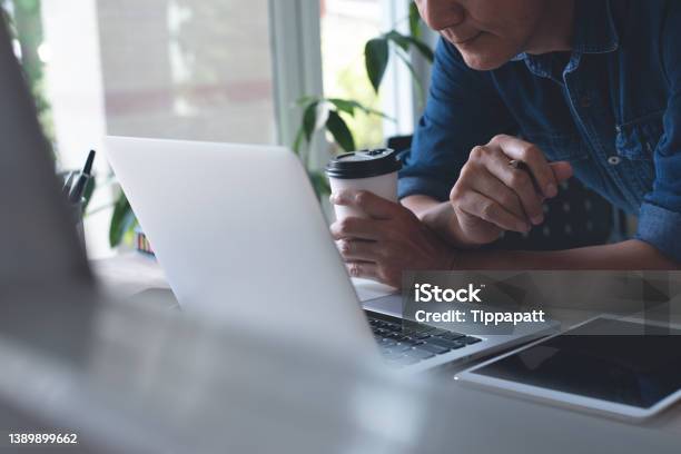 Business Man Online Working From Home Office Stock Photo - Download Image Now - Newsletter, Reading, People