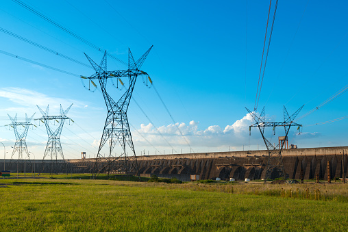 Electric power lines coming out from a Itaipu dam, Parana State, Brazil