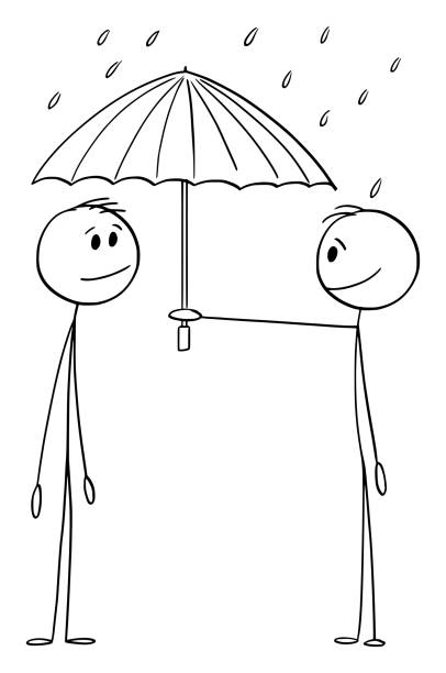 ilustrações de stock, clip art, desenhos animados e ícones de person offering umbrella in rain, help and protection, vector cartoon stick figure illustration - protection umbrella people stick figure