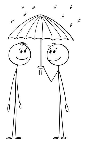 ilustrações de stock, clip art, desenhos animados e ícones de two persons sharing umbrella protection in rain, vector cartoon stick figure illustration - protection umbrella people stick figure