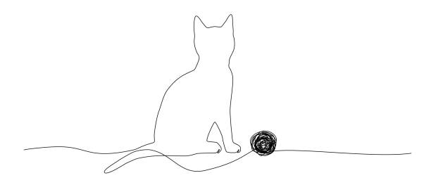 singe line drawing of a cat with ball of wool singe line drawing of a cat with ball of wool, continuous line vector illustration simple cat line art stock illustrations