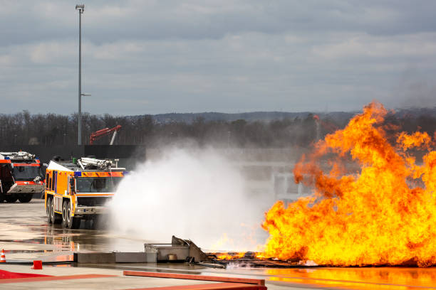 istock Airport crash tender during a fire drill 1389902434
