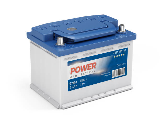 istock 12v Car battery with abstract label isolated on white background. 3d rendering 1389903889