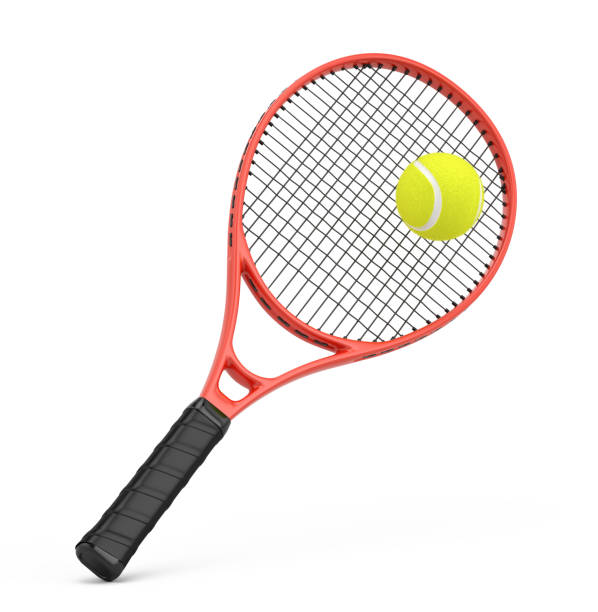 tennis racquet and tennis ball isolated on white - 3d rendering - tennis equipment imagens e fotografias de stock