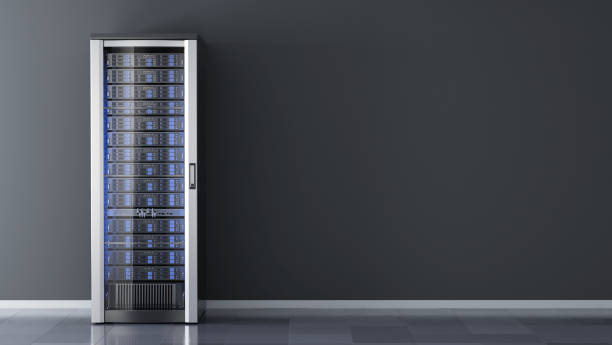 un rack server contro il muro nel data center della sala server.3d rendering - network server tower rack computer foto e immagini stock