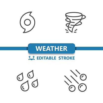 istock Weather Icons. Hurricane, Tornado, Twister, Rain, Raining, Hail, Hailstone, Storm 1389905321
