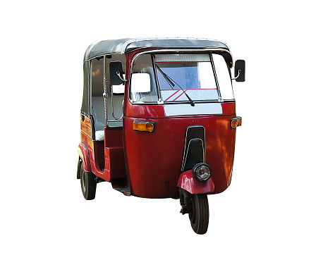 Tuk tuk transport isolated on white background. Traditional asian transport. Taxi in Sri Lanka, Thailand and India. Red taxi