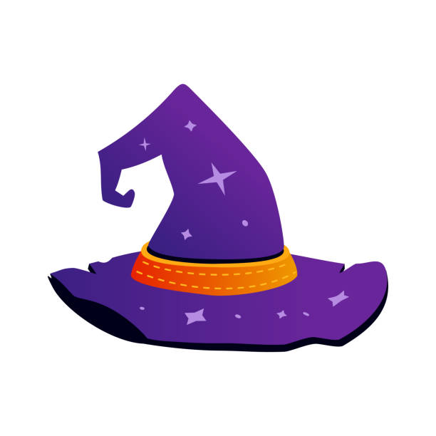 Magic hat - modern flat design style single isolated object Magic hat - modern flat design style single isolated object. Neat detailed image of purple, shiny traditional headdress of a wizard or witch. Essential element of the sorcerers costume. Fairytale idea witchs hat stock illustrations