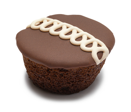 Single Chocolate Frosted Cupcake Cut Out On White.