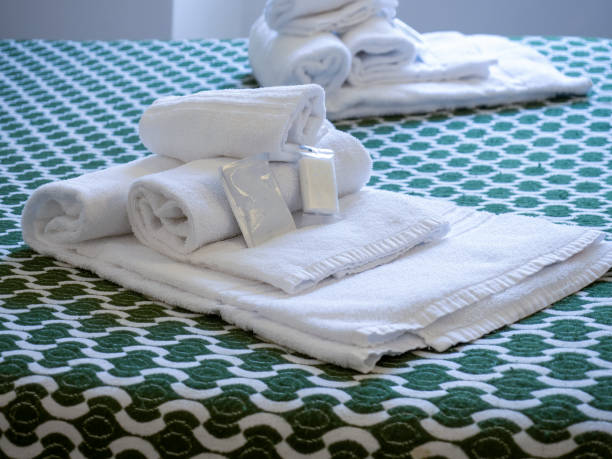 istock fresh towels rolled on top of beds 1389914401