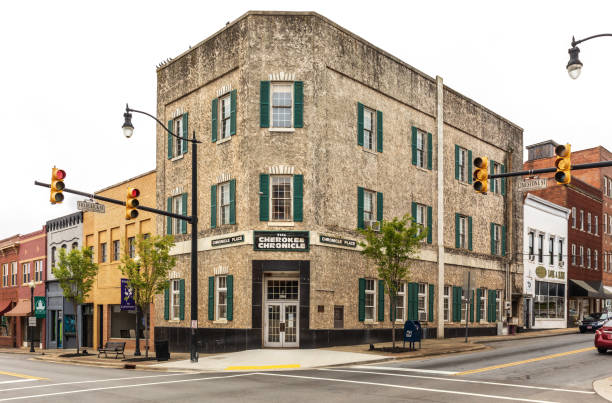 Gaffney, S.C. USA-2 April 2022: The Cherokee Chronicle building at the corner of Limestone and Frederick Streets in downtown.