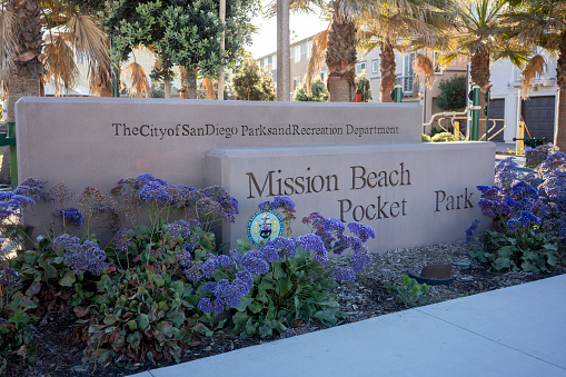 San Diego, CA, USA - Mar 23, 2022: The Mission Beach Pocket Park in San Diego, California - a mini park created in an effort to increase physical activities for city residents in limited urban areas.