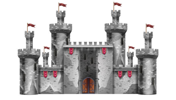 istock Medieval castle, magic fantasy fortress isolated on white, vector stone palace game illustration. 1389918208