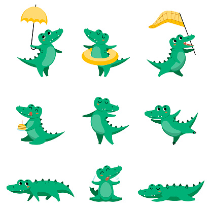 Cute crocodile in different poses cartoon illustration set. Funny alligator sleeping, eating, standing under umbrella, celebrating birthday and dancing. Jungle, predator animal concept
