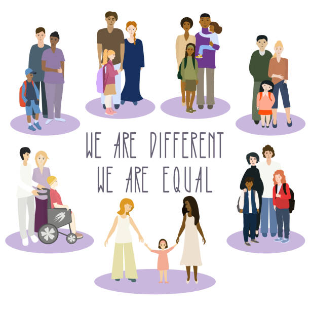Multi-ethnic group of families and text Multi-ethnic group of people. Diversity families. All people equal concept. Men and women portrait. Disabled child. Girl in a wheelchair. Isolated vector illustration on white background diverse family stock illustrations