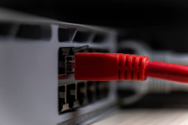 istock Plugging red color ethernet  cable into the  network switch port 1389919925
