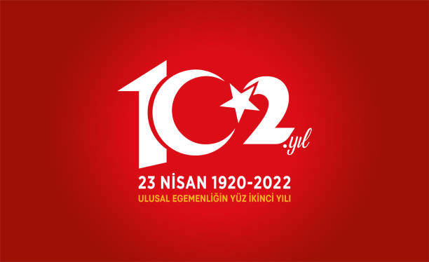 102th year logo. 102.Year Children's Day April 23 red Turkish flag Vector Illustration. 102th Anniversary. 102th anniversary logo with Turkish flags. number 23 stock illustrations