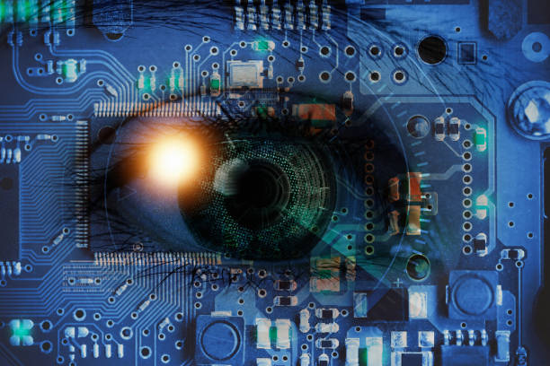istock Biometric scan of eye in an high technologies. micro chip 1389923147