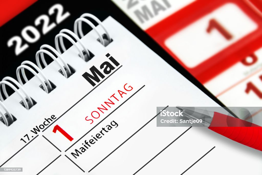 German calendar 2022  May 1 Sunday Week 17 with May Day and Labor Day 2022 Stock Photo