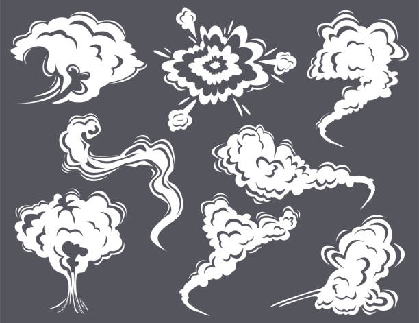 weiße rauchwolken auf grauem hintergrund cartoon-illustrationsset - smoke trails stock-grafiken, -clipart, -cartoons und -symbole