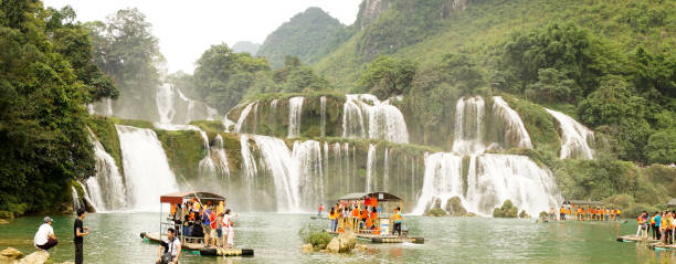 Ban Gioc Waterfall during public holiday with big crowds in Vietnam. stock photo