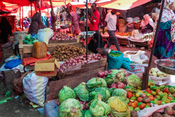 과일과 채소가있는 현지 식품 시장 - somaliland 뉴스 사진 이미지
