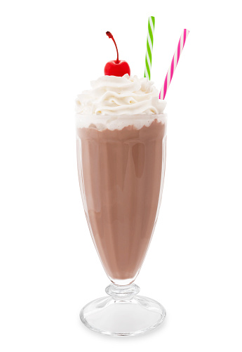 Chocolate milkshake with cherry and two colorful straws isolated on white background