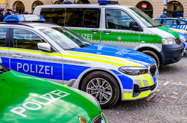Munich, Germany - March 2: typical german police car at the old town in Munich on March 2, 2022