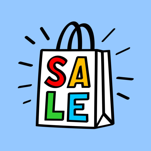 ilustrações, clipart, desenhos animados e ícones de saco de compras de venda - shopping bag paper bag retail drawing