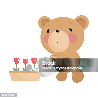 istock Cute Bear with Watering Can. Vector illustration. For kids stuff, card, posters, banners, children books, printing on the pack, printing on clothes, fabric, wallpaper, textile or dishes. 1389936137