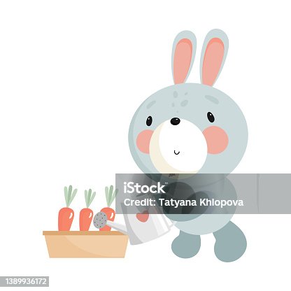 istock Cute Rabbit with Watering Can. Vector illustration. For kids stuff, card, posters, banners, children books, printing on the pack, printing on clothes, fabric, wallpaper, textile or dishes. 1389936172