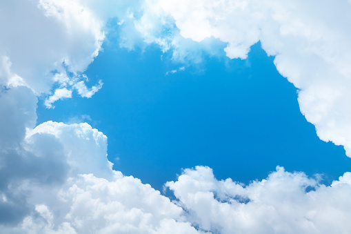Blue sunny sky with clouds and copy space in center