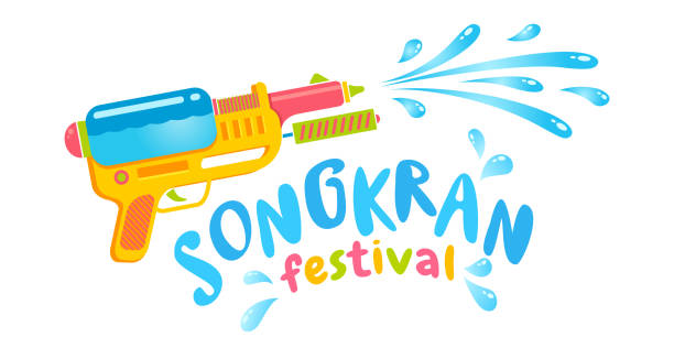 ilustraciones, imágenes clip art, dibujos animados e iconos de stock de logotipo vectorial con pistola de agua para el festival songkran en tailandia - pistola de agua