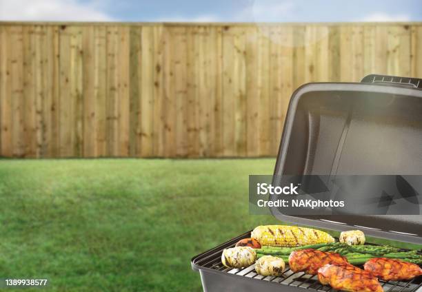 Bbq Grill In A Backyard With Green Grass And Wood Fence Stock Photo - Download Image Now