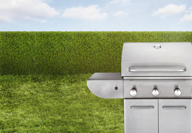 istock BBQ grill in a backyard with green grass and hedge fence 1389938579