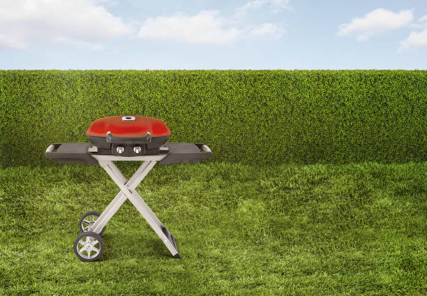 istock BBQ grill in a backyard with green grass and hedge fence 1389938583