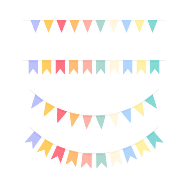 Color bunting set for party. Party garlands collection. Color bunting set for party. Party garlands collection. Birthday elements decoration. Vector isolated on white streamer stock illustrations