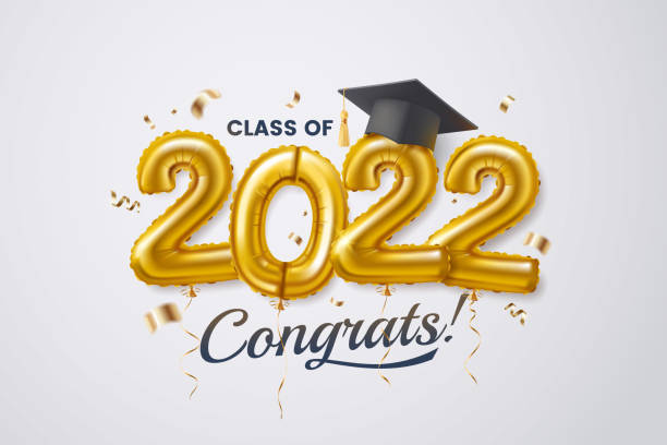 class of 2022. congratulation graduates. greeting card design with gold foil balloons, education academic cap and confetti. concept for banner, poster, party and event invitation. vector illustration. - graduation stock illustrations