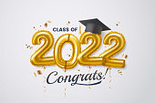 Class of 2022. Congratulation graduates. Greeting card design with gold foil balloons, education academic cap and confetti. Concept for banner, poster, party and event invitation. Vector illustration.