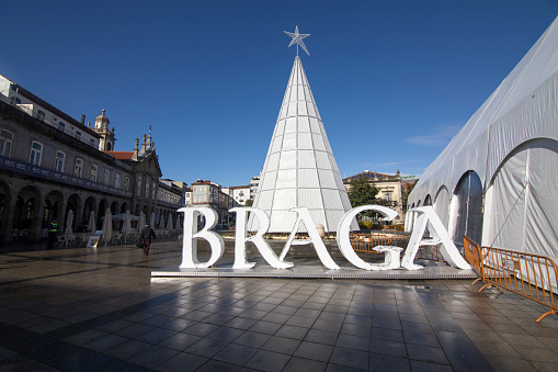 Braga a rainy day on January 13, 2018 Portugal. Braga letters on street.