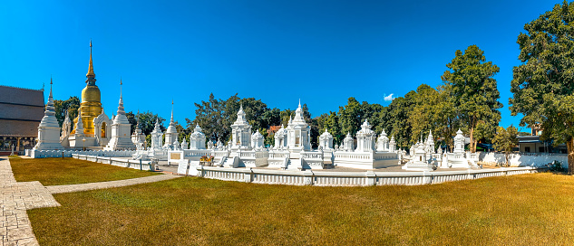 The Wat Suan Dok located in Chiang Mai city is a very old temple known for its large number of white chedis or pagodas.