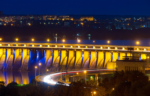 Night view of Dniproges hydroelectric dam on Dnieper river, Zaporozhye, Ukraine