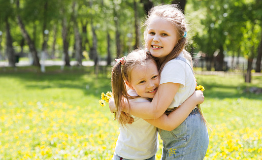 two little girls sisters have fun and play on a sunny day in the park