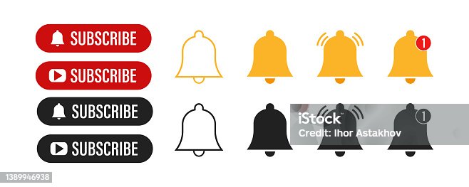 istock Subscribe button and notification bells. Set of subscribe buttons with bells of notification isolated symbols. Vector illustration. 1389946938