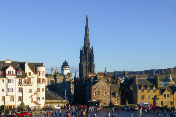 Edinburgh  Scotland UK on January 22, 2018: View of the square with tourists  from the gate of the castle.