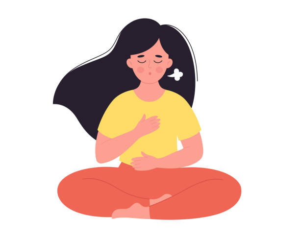 stockillustraties, clipart, cartoons en iconen met woman doing breathing exercise. woman meditating in lotus pose. . world yoga day. hand drawn vector illustration - breathing