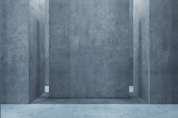 istock Modern concrete corridor interior with blank mock up place on wall, pillars and daylight. 3D Rendering. 1389948511