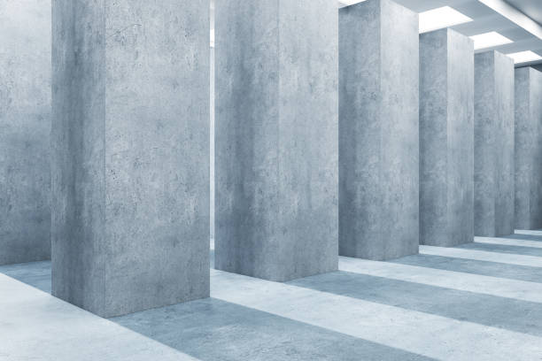 istock Contemporary concrete corridor interior with pillars and daylight. 3D Rendering. 1389948555