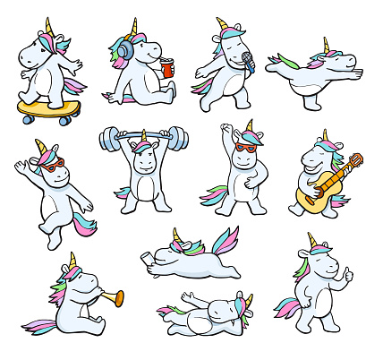 Unicorn set. Vector illustration. Cute unicorn. Skateboarding, Leisure, Singing, Dancing, Playing Guitar, Playing Sports - Barbell, Playing Trumpet, Like, Fashion, Entertainment.